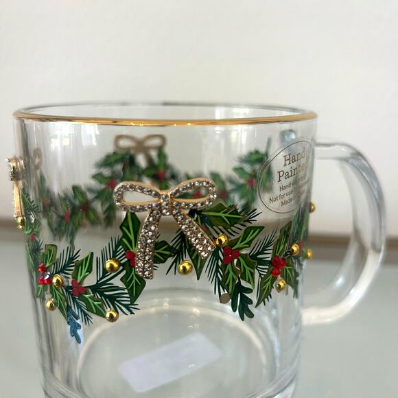 Hand Painted & Jeweled Thick Glass Mug Set of 2 Coquette Christmas Holly & Bows - Picture 15 of 16